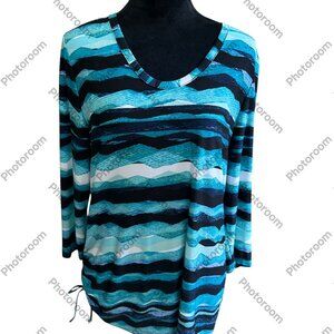 Peck & Peck Blue & Black Striped 3/4 Sleeve Large Top